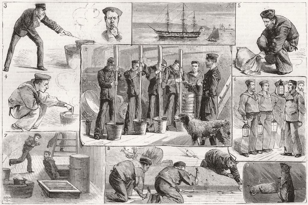 SHIPS. Fumigation of training ship. HMS Boscawen 1881 old antique print